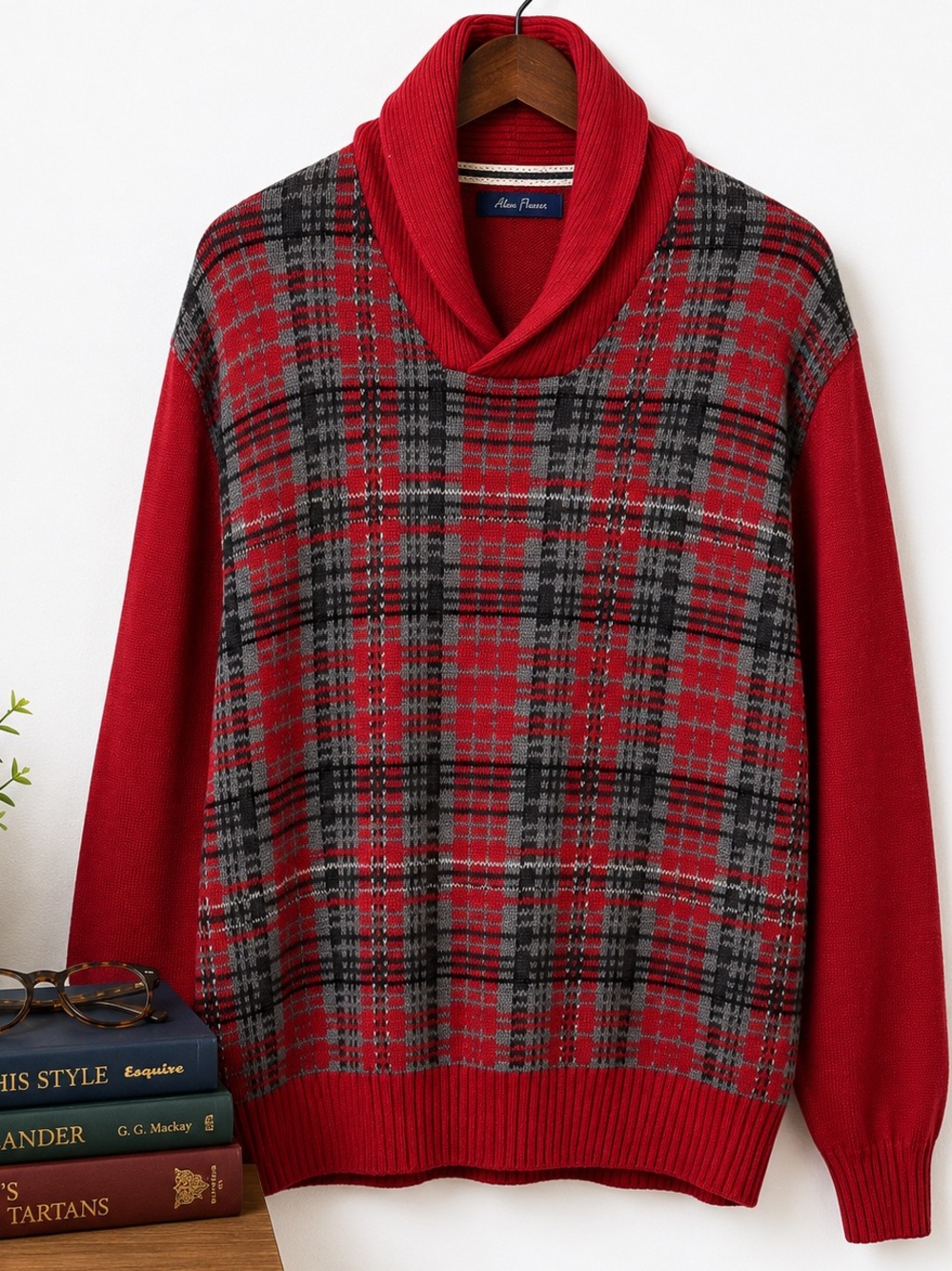Alan Flusser Plaid Shawl Collar 100% Cotton Sweater Red Men’s XL